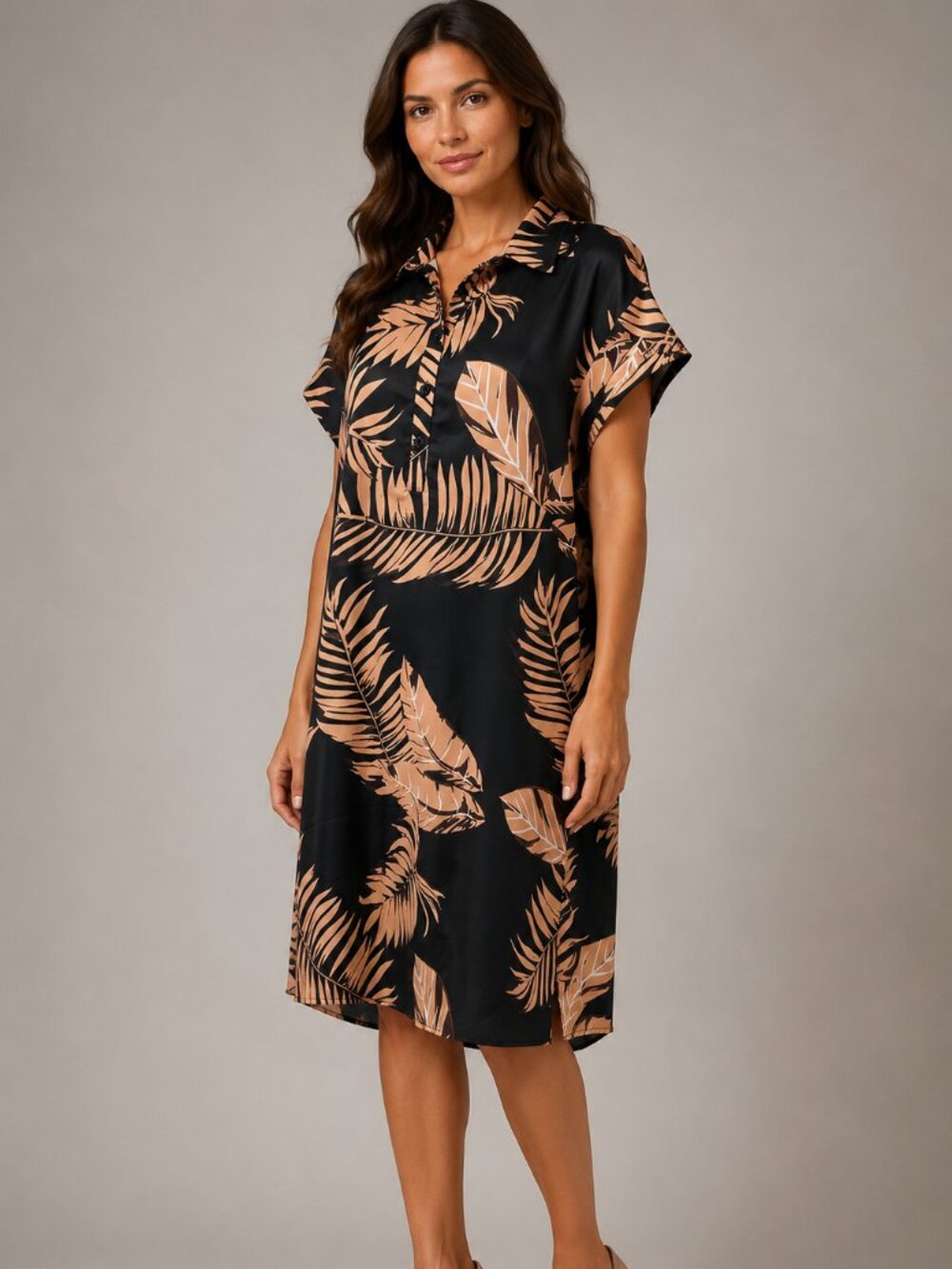 HT Black Tan Tropical Leaf Shirt Dress Size S Short Sleeve